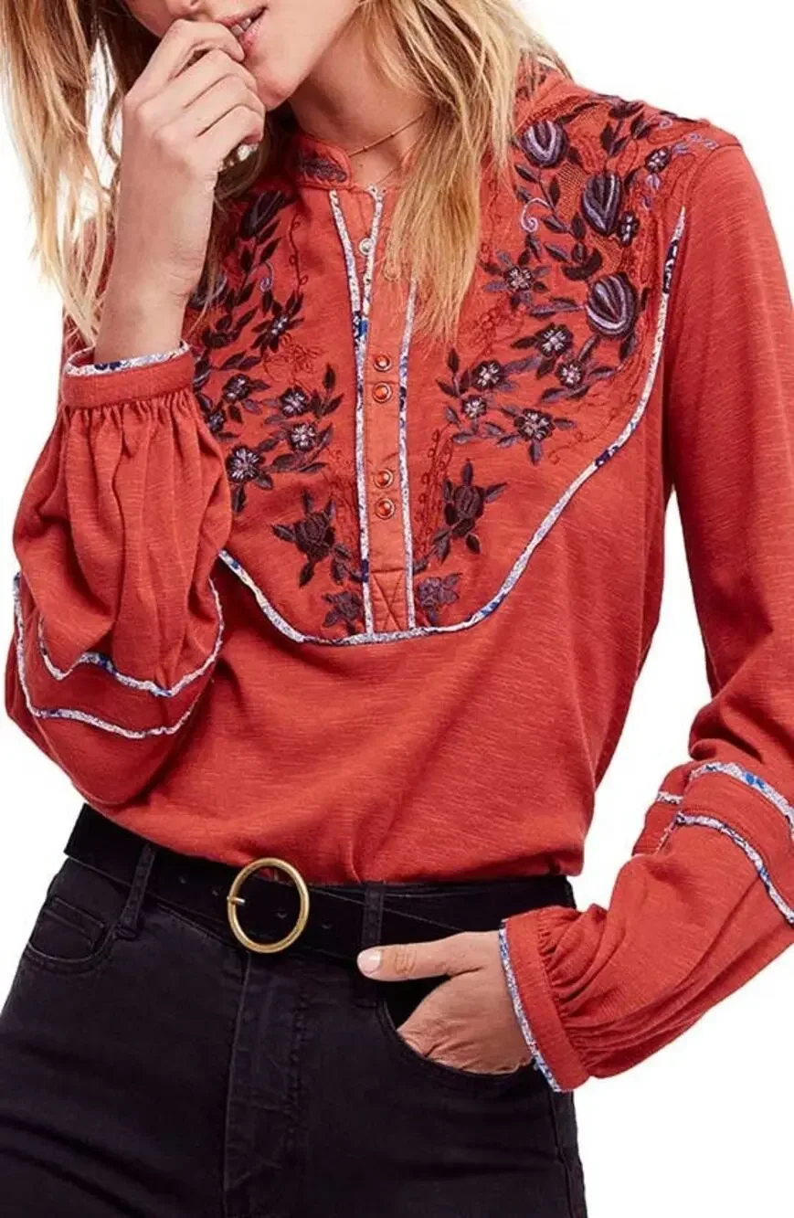 Free People | Burnt Orange Western Fall Chic Bohemian Sundance Kid Henley Top